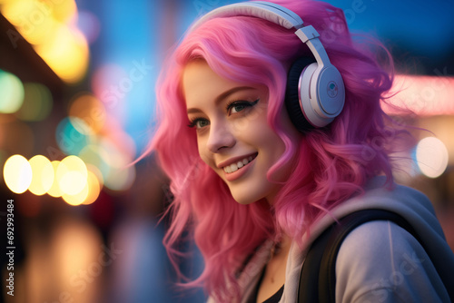 Young beautiful girl with pink hair, listening music, podcast or audiobook with headphones. Walking on the night street. Happy mood, smiling face