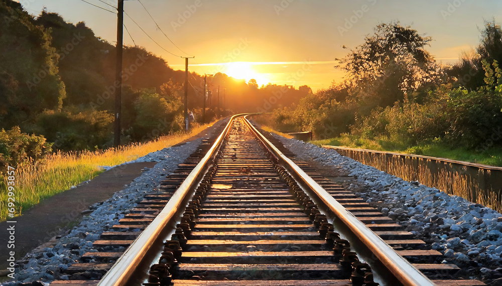 Sunset Train Journey: Captivating Railway Landscape with Steel Tracks and Beautiful Sky