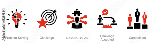A set of 5 Challenge icons as problem solving, challenge, resolve issues