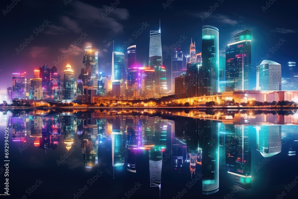 Dynamic cityscape at night with colorful lights and reflections, urban energy