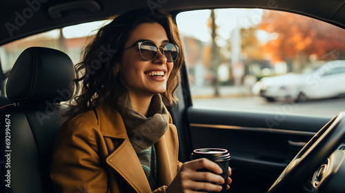 Happy young woman holding cup of coffee to go driving her car, caucasian woman driving car and drinking coffee photo