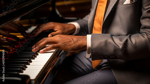 Принти на полотні A close-up shot of a pianist's hands gracefully gliding over the piano keys, capturing the fluidity and precision of their performance