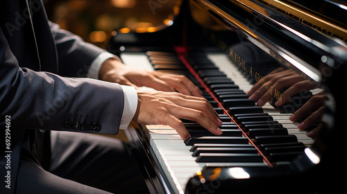 Cuadro en lienzo A close-up shot of a pianist's hands gracefully gliding over the piano keys, capturing the fluidity and precision of their performance
