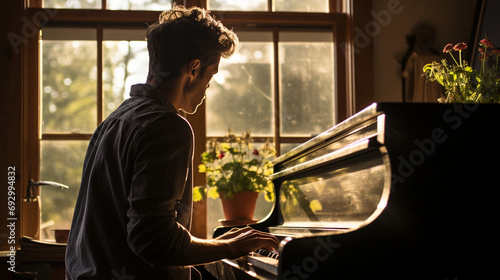 Fotografie A pianist captured in a reflective moment, gazing out of a window while playing, conveying the introspective nature of their art