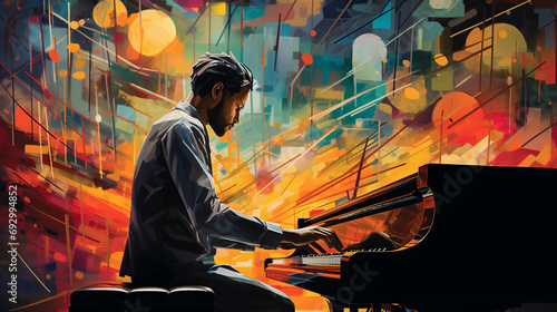 A pianist in an avant-garde setting, surrounded by abstract visual elements, symbolizing the fusion of music and art. photo