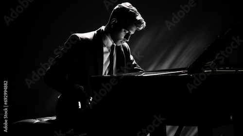 A pianist in a monochromatic setting, surrounded by shadows and highlights, emphasizing the contrasts in their performance.