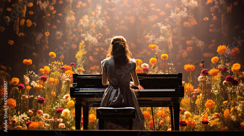 A concert pianist performing on a stage adorned with vibrant flowers, creating a visually rich and celebratory scene.