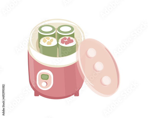 Electric yogurt maker, kitchen appliance. Preparation of natural fruit yogurt. Vector cartoon color illustration.