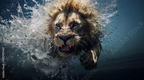Lion jump into a water. Underwater photography. Animal dive into the Depths. Beauty of wild nature. Hunting.