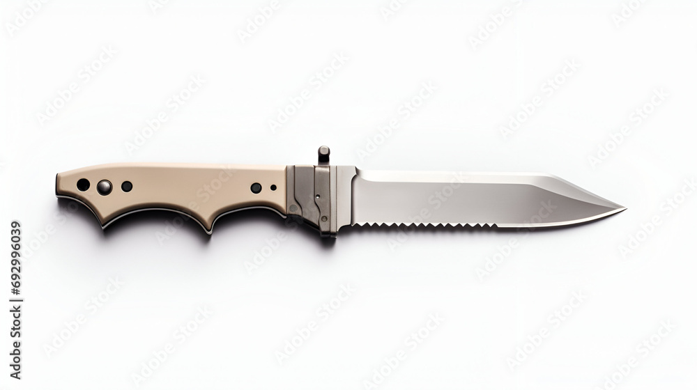 Fototapeta premium Professional Military Tactical Knife on Pure White Background, Photorealistic Image