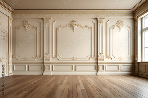 Classical wall molding decoration in modern empty luxury home interior. Classy home apartment mockup background. photo
