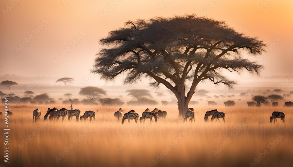 A vast savannah with grazing animals and acacia trees