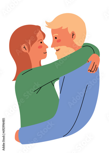 Heterosexual couple romantically hugging each other, looking in the eyes. Hand drawn vector illustration