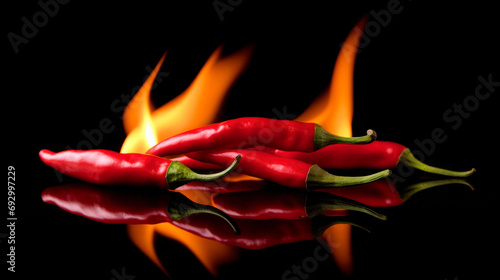 Burning red hot chili peppers on black surface