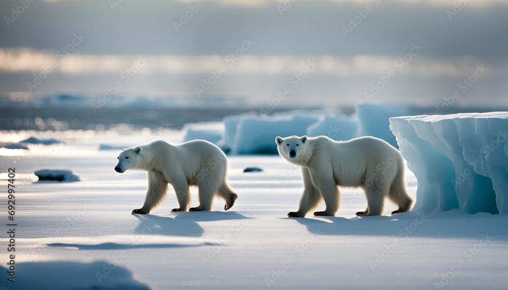 A frozen tundra with icebergs and polar bears