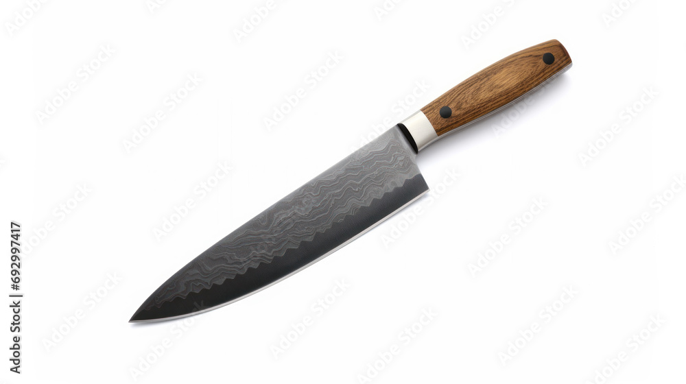 Knife with multi-layered damascus blade on white background Knife with multi-layered damascus blade on white background