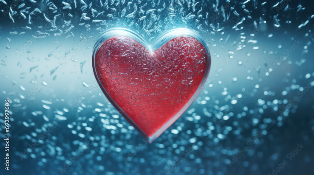 Red heart on frozen icy background
