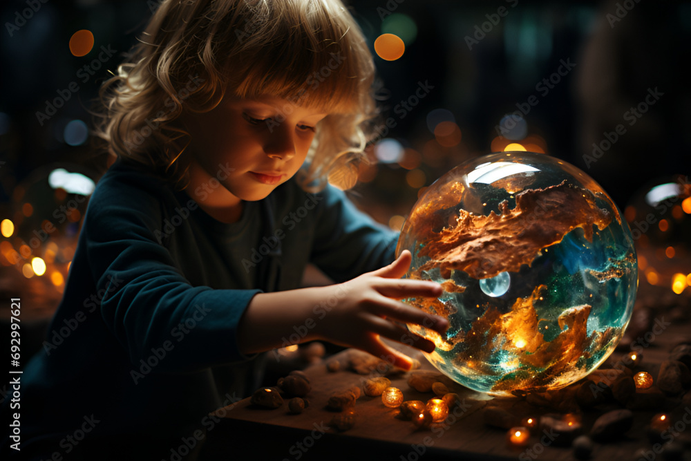 Child's hand drawing and created model planet Earth . - obrazy, fototapety, plakaty 