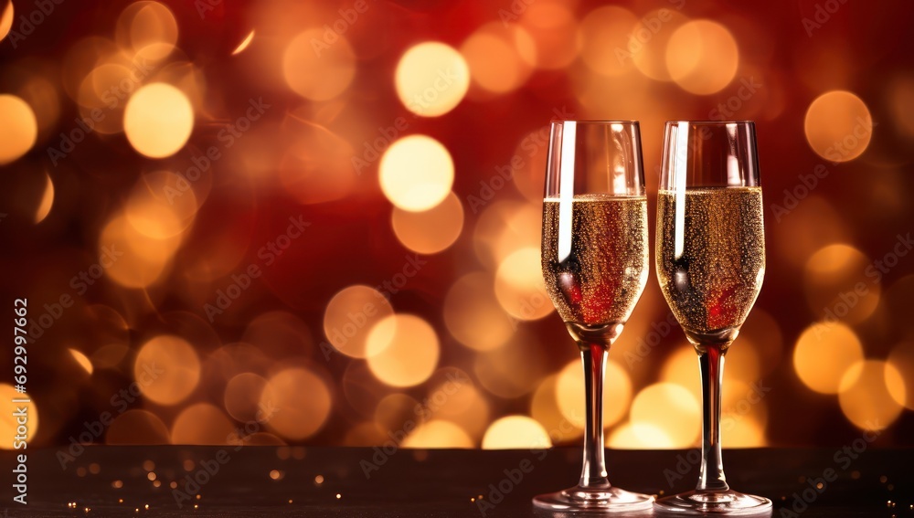 New Year Champagne for festive cheers with gold sparkling bokeh background. Glasses of sparkling wine in front of tender bright gold bokeh. Holiday golden glitter confetti, new year banner 2024