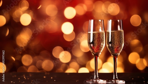 New Year Champagne for festive cheers with gold sparkling bokeh background. Glasses of sparkling wine in front of tender bright gold bokeh. Holiday golden glitter confetti  new year banner 2024