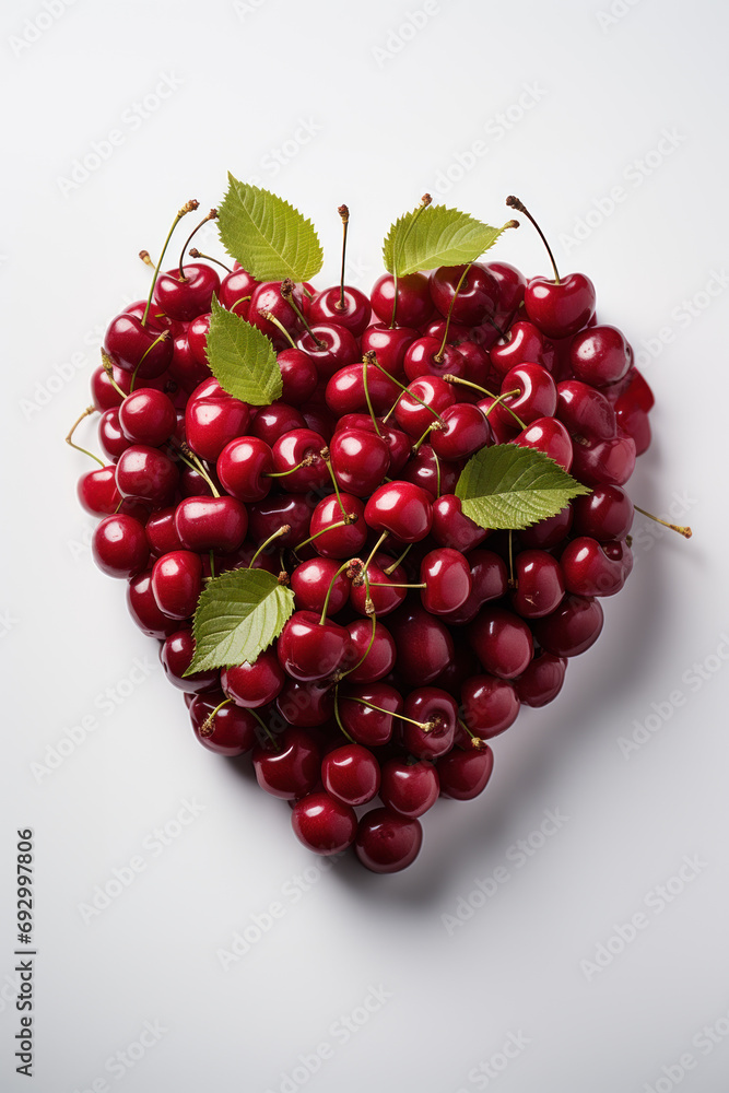 Red cherries in the shape of heart on white surface Red cherries in the shape of heart on white surface