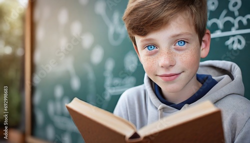Eyes that Speak Volumes: A Close-up Portrait of a Young Boy's Unwavering Curiosity as He Reads
