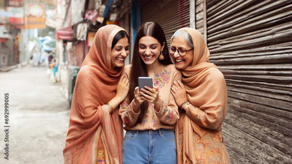 Young happy Indian Women using Phone Beside her Dadi and Maasi are standing