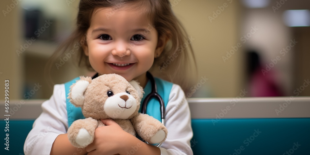 girl dressed as a doctor holding a teddy bear

