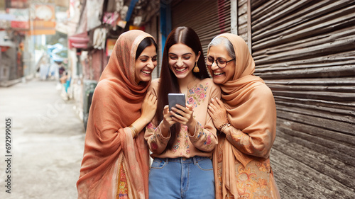 Young happy Indian Women using Phone Beside her Dadi and Maasi are standing photo