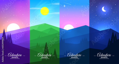 Mountains landscape in different parts of daytime. Sky with stars, moon, sun. Morning, noon, sunset and night. Hills with tree and mountains. 
