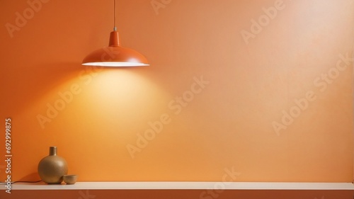 A lamp illuminates a crimson wall  leaving room for text or presentation. Bright Orange Brick Wall with Glowing Light Bulb Fixture