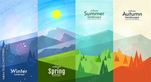 Vector illustration. Set of 4 season landscape illustration. Flat style landscape illustration. Winter, spring, summer, autumn vector landscape. Mountains with field, hills and forest. 