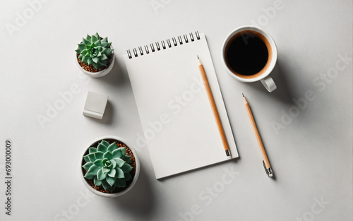 Minimalistic Inspiration: Notepad, Pencil, Succulents, Coffee Cup