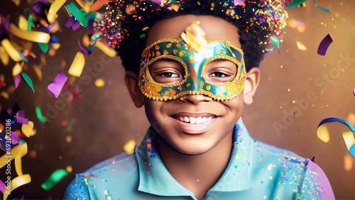 Um menino com máscara de carnaval e muito confete e serpentina caindo. photo