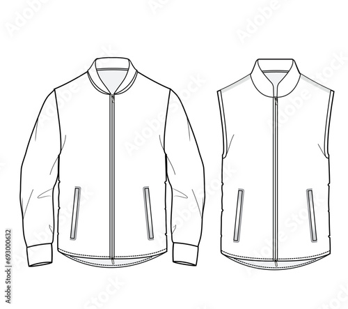 men full zip bomber jacket,pockets at the front men jacket ,men full zip vest,fashion vector,cad,technical drawing 	vector