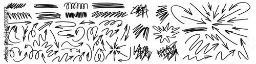 Grunge charcoal scribble stripes, emphasis arrows, hand-drawn doodle bold shapes, paint brushstrokes, ink rough blobs. Chalk or marker doodle rouge freehand scratches. Vector illustration