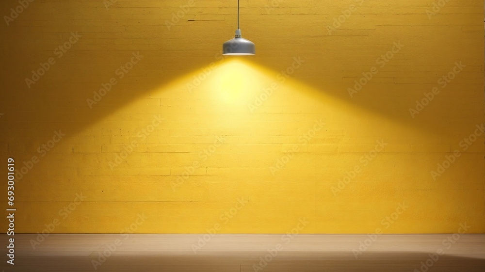 Obraz premium Empty picture studio backdrops and a spotlight on a yellow room background with a scenario visible. Yellow display or white space. Rendering in 3D. Modern ceiling lamp on background. Copy space