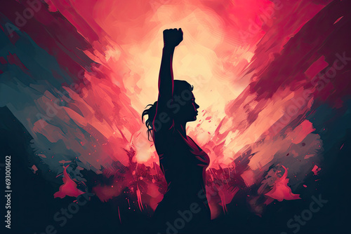 A female silhouette with a raised fist symbolizing empowerment and solidarity in the fight for gender equality, international women's day march 8 photo