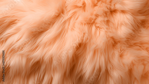 Closeup of lush soft peach fuzz color fur with a silky texture warmth and luxury background. Modern trendy tone hue shade
