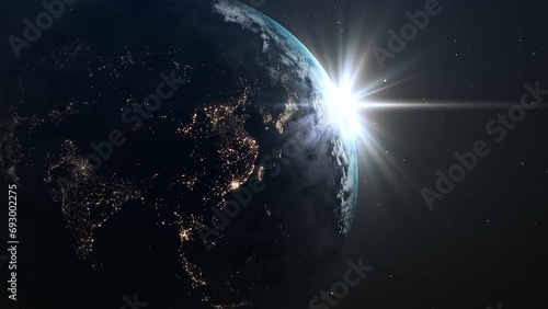 View from space of a beautiful sunrise over Asia, the sun rises over the Asian continent. Night lights of cities, realistic view from earth orbit. Slow rotation. 4k footage photo