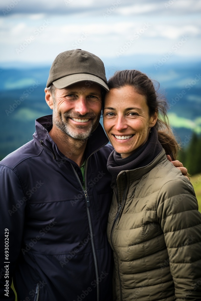 Couple in hiking gear embracing mountain view