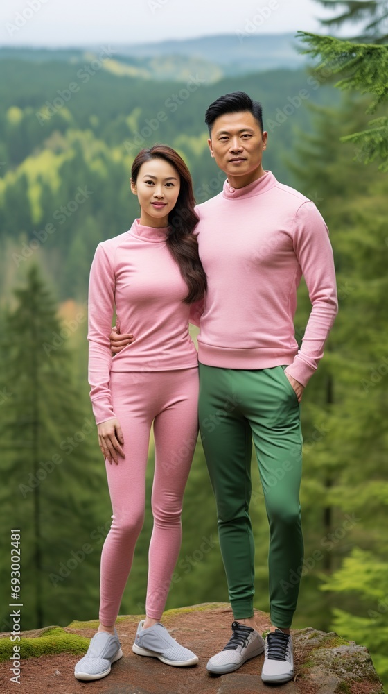 Active couple in matching outfits on hiking trail Active couple in matching outfits on hiking trail