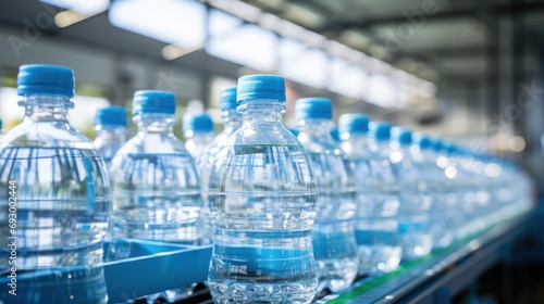 Drinking water plant factory cleaned clear drink water bottle no label in production line.