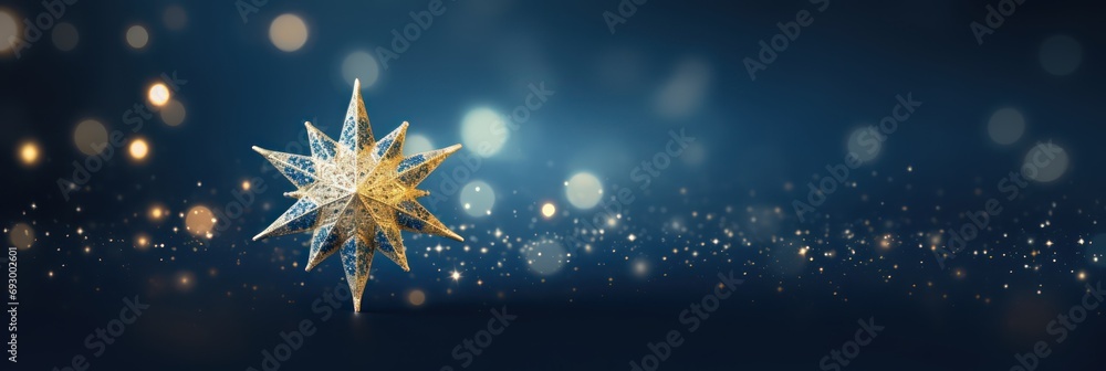 Abstract glowing golden star on dark blue night background. Christmas golden light shed bokeh particles over a background, new year 2024 banner - obrazy, fototapety, plakaty 