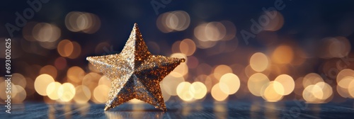 Christmas golden light shed bokeh particles over a background, new year 2024 banner photo