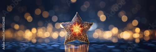 Abstract glowing golden star on dark blue night background. Christmas golden light shed bokeh particles over a background, 2024