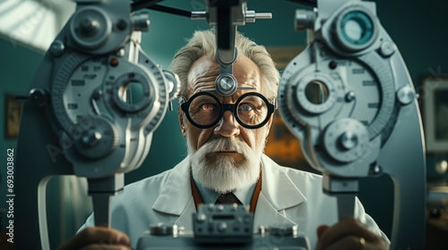 Elderly people have their eyesight checked with an ophthalmometer. photo