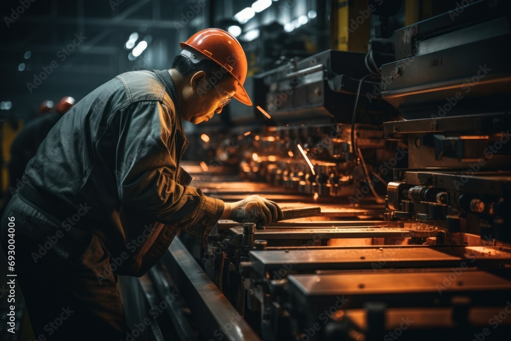 American employees work in a manufacturing plant moving metal strips, production line concept. American employees work in a manufacturing plant moving metal strips, production line concept.