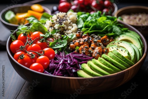 Wholesome and colorful Buddha bowl with a variety of fresh vegetables, grains, and protein, a nutritious and visually appealing meal