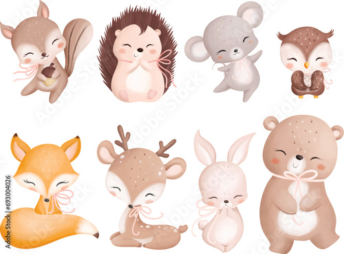 Watercolor Illustration Set of Woodland Animals wear Pink Ribbon in Their Neck